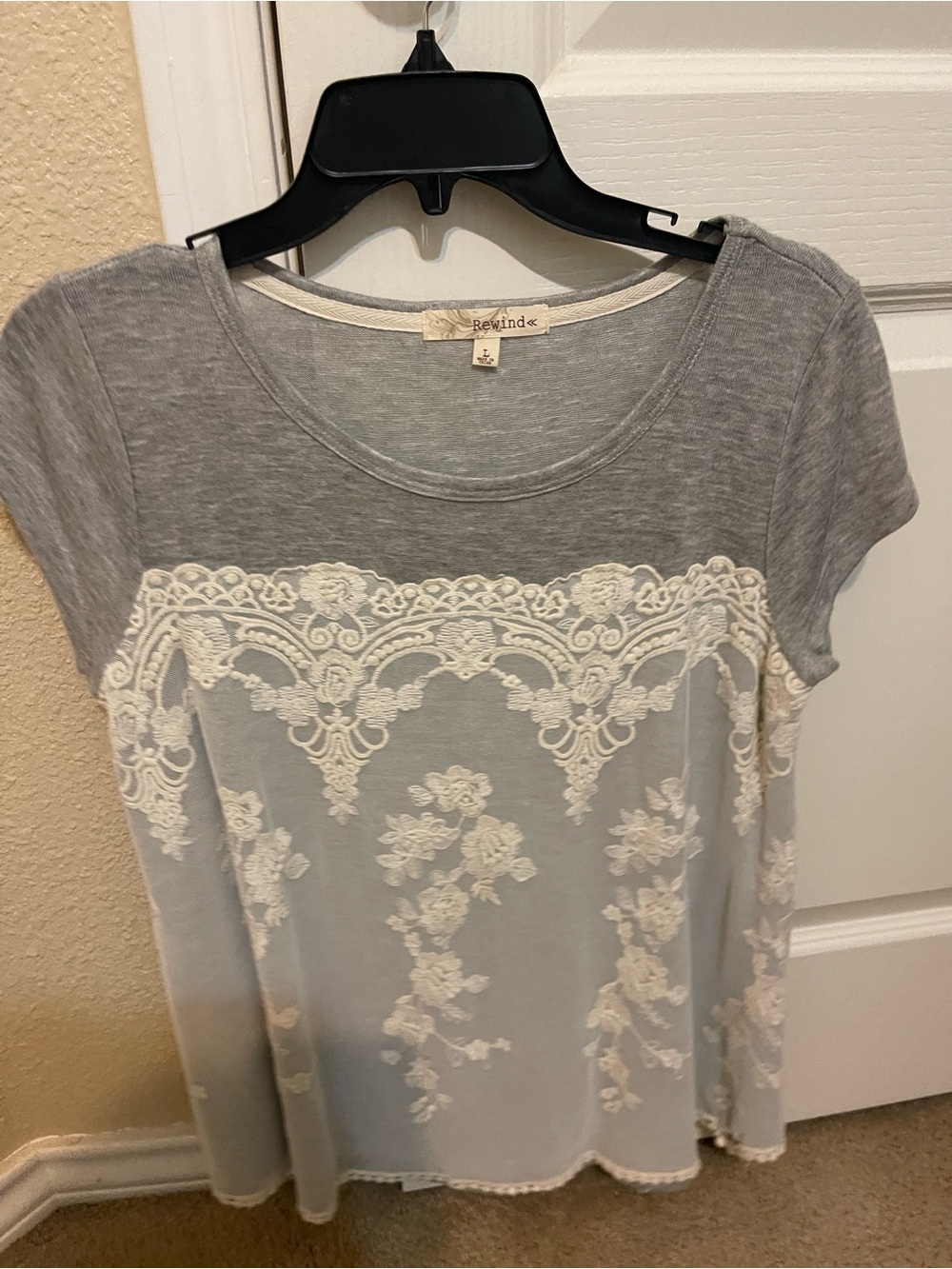 Rewind Gray Tee with Cream Floral Lace Front
